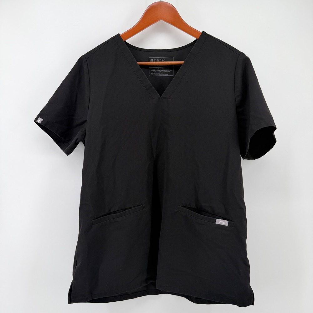 FIGS Large L Women Scrub Top Black V-Neck 1-Pocket Catarina FIONx Uniform FW1100